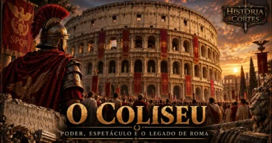 Ilustração do Coliseu de Roma na Antiguidade, com soldados, cidadãos romanos e estandartes do Império Romano.