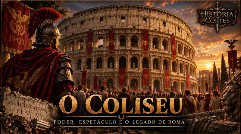 Ilustração do Coliseu de Roma na Antiguidade, com soldados, cidadãos romanos e estandartes do Império Romano.