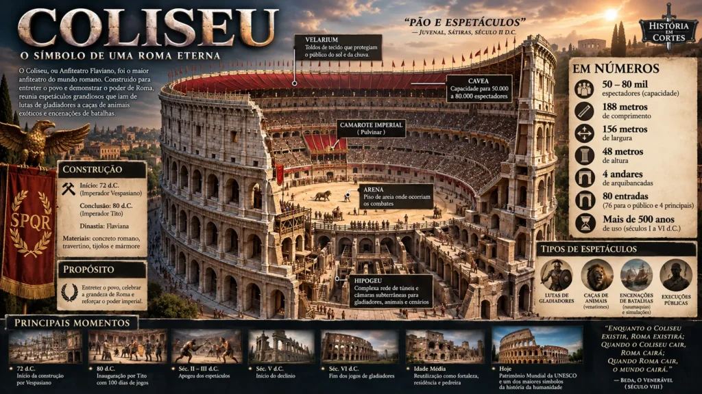 Infográfico sobre o Coliseu Romano, sua arquitetura, história e principais características