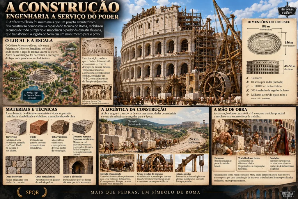 Infográfico sobre a construção do Coliseu e as técnicas de engenharia utilizadas pelos romanos