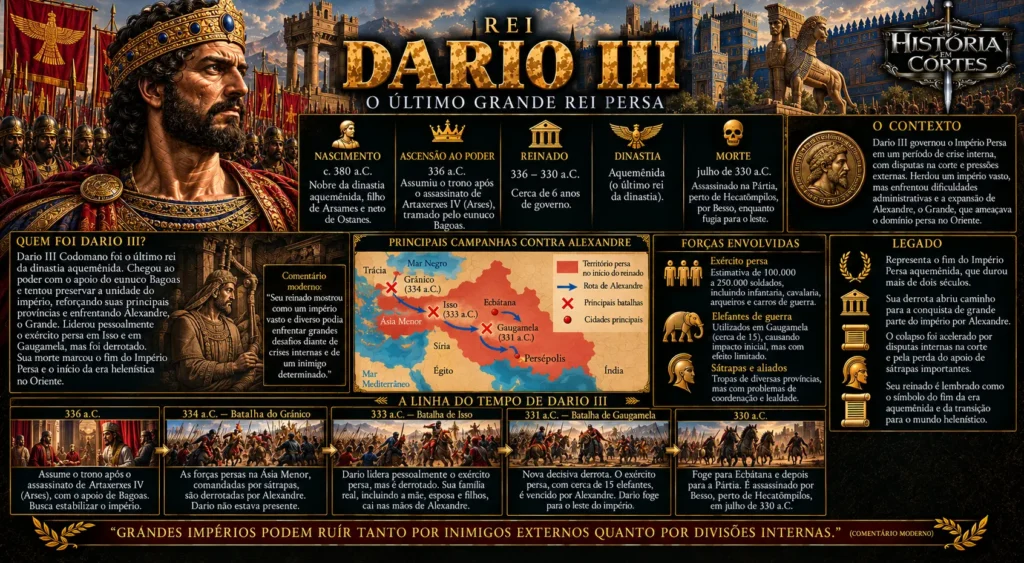 Infográfico sobre Dario III, último rei do Império Aquemênida, e suas guerras contra Alexandre, o Grande, entre 336 e 330 a.C.