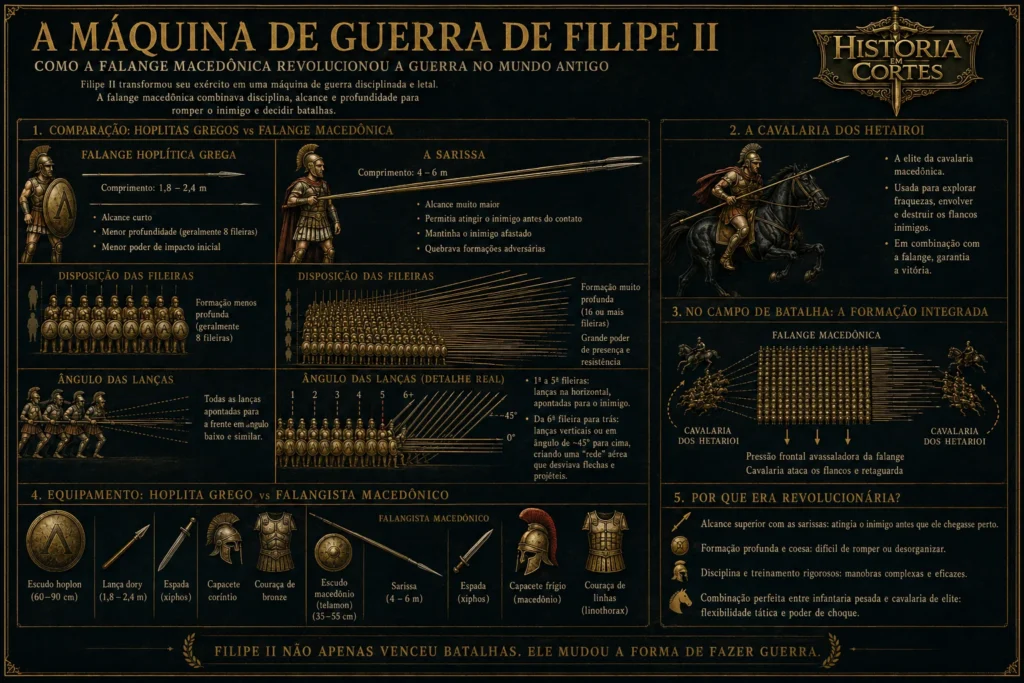 Infográfico comparando a falange hoplítica grega e a falange macedônica de Filipe II, mostrando sarissas, formação das fileiras, cavalaria dos hetairoi e equipamentos militares macedônicos.