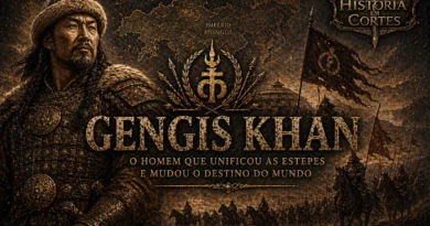 Gêngis Khan líder do Império Mongol com exército ao fundo em cenário de batalha histórica