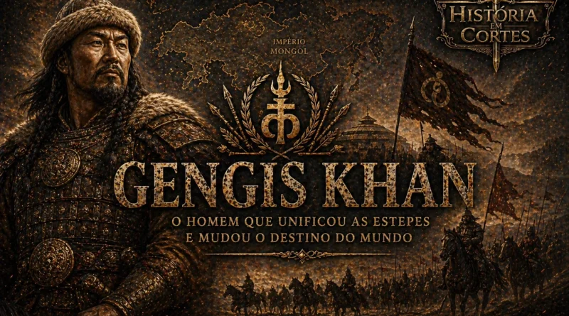 Gêngis Khan líder do Império Mongol com exército ao fundo em cenário de batalha histórica
