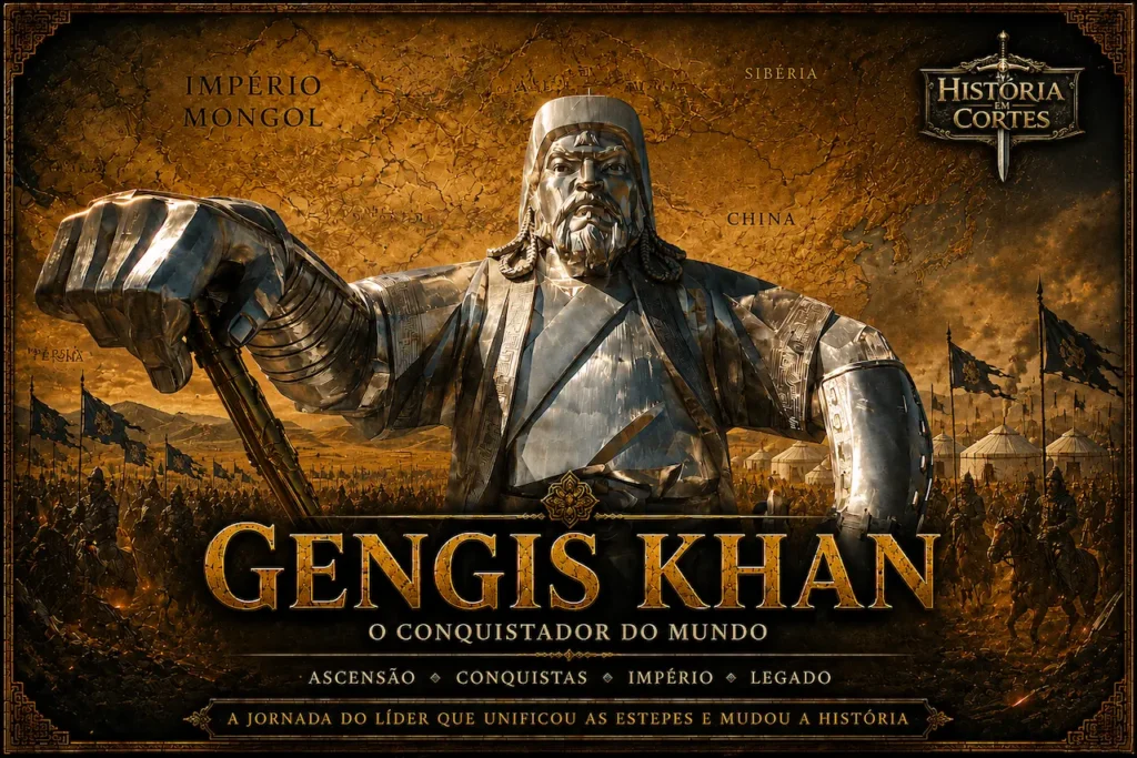 Representação de Gengis Khan com base em sua famosa estátua na Mongólia, cercado por exércitos mongóis e um mapa do Império Mongol ao fundo.