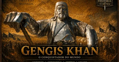 Representação de Gengis Khan com base em sua famosa estátua na Mongólia, cercado por exércitos mongóis e um mapa do Império Mongol ao fundo.