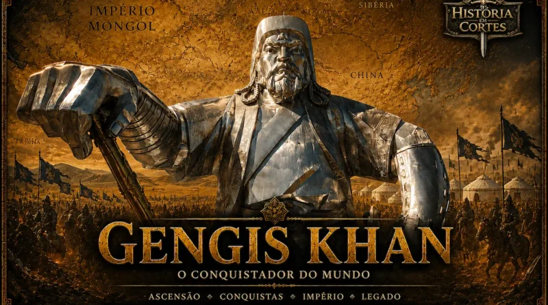 Representação de Gengis Khan com base em sua famosa estátua na Mongólia, cercado por exércitos mongóis e um mapa do Império Mongol ao fundo.