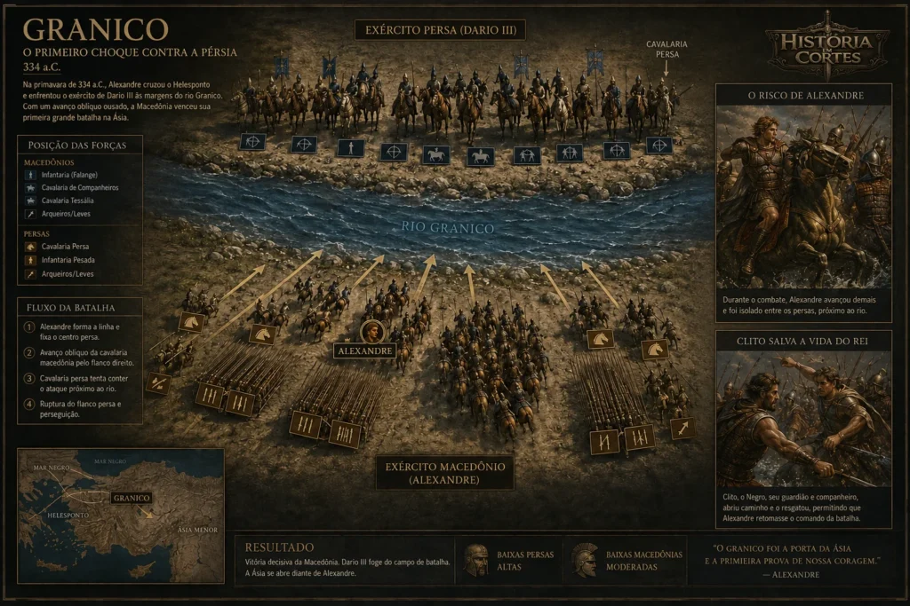 Infográfico histórico da Batalha do Granico mostrando o avanço oblíquo macedônio de Alexandre contra a cavalaria persa às margens do rio Granico em 334 a.C.