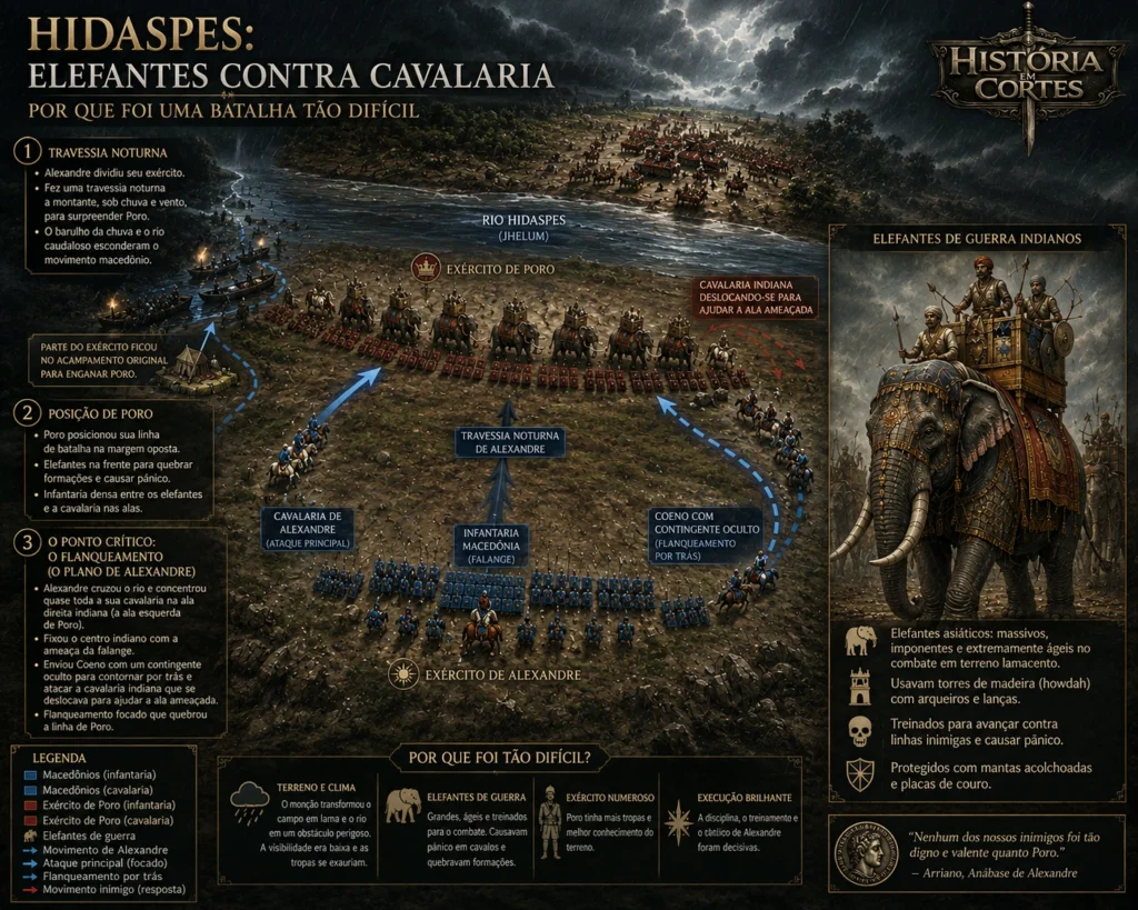 Mapa tático da Batalha do Hidaspes mostrando Alexandre, o Grande, usando cavalaria macedônica para flanquear o exército de Poro com elefantes de guerra indianos.