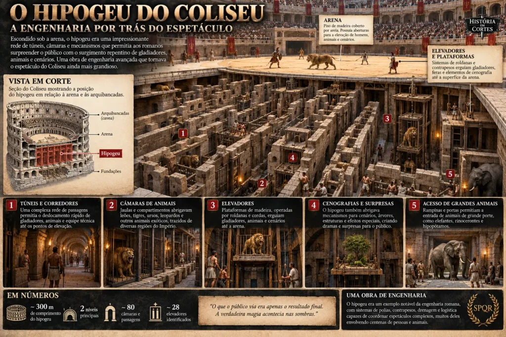 Infográfico do Hipogeu do Coliseu mostrando túneis, câmaras, elevadores e mecanismos sob a arena