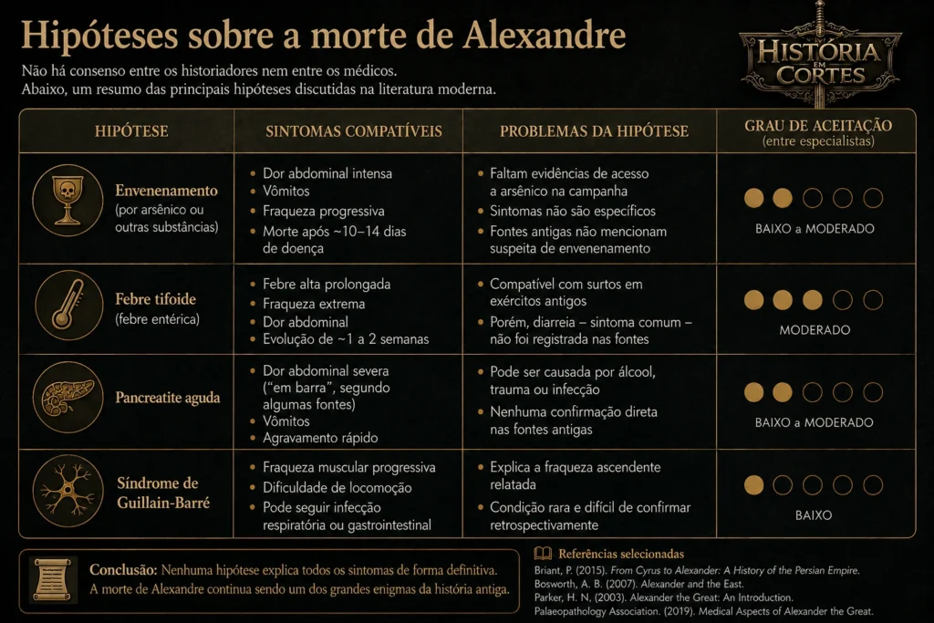 Infográfico histórico mostrando as principais hipóteses sobre a morte de Alexandre, o Grande, incluindo envenenamento, febre tifoide, pancreatite aguda e síndrome de Guillain-Barré.