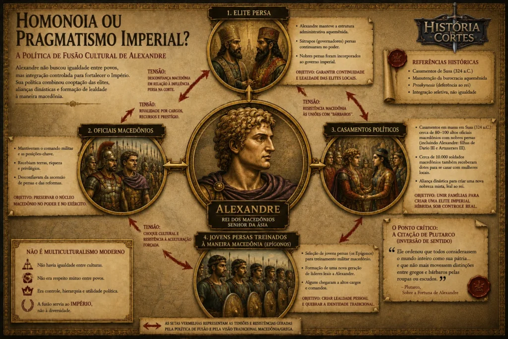 Infográfico sobre a política de fusão cultural de Alexandre, o Grande, mostrando elite persa, oficiais macedônios, casamentos de Susa e os Epígonos, com foco em tensões políticas e pragmatismo imperial.