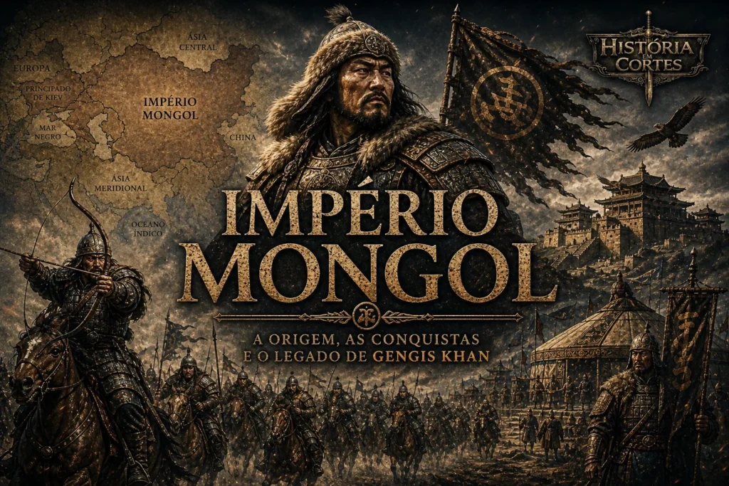 Ilustração do Império Mongol com Gêngis Khan liderando exército de cavaleiros, mapa da Ásia e Europa ao fundo e símbolos do poder mongol