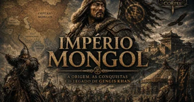 Ilustração do Império Mongol com Gêngis Khan liderando exército de cavaleiros, mapa da Ásia e Europa ao fundo e símbolos do poder mongol