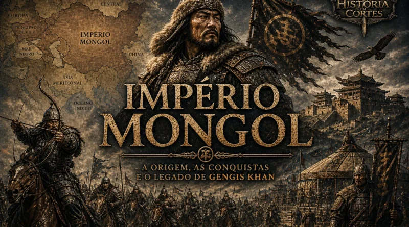 Ilustração do Império Mongol com Gêngis Khan liderando exército de cavaleiros, mapa da Ásia e Europa ao fundo e símbolos do poder mongol
