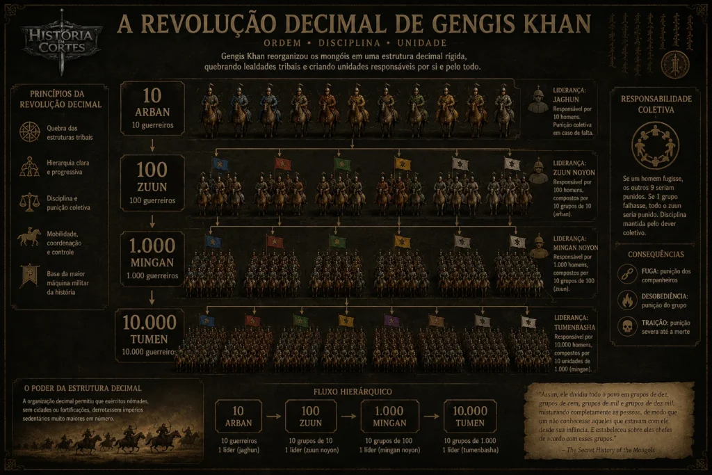 Infográfico mostrando a estrutura militar mongol dividida em arban, zuun, mingan e tumen.