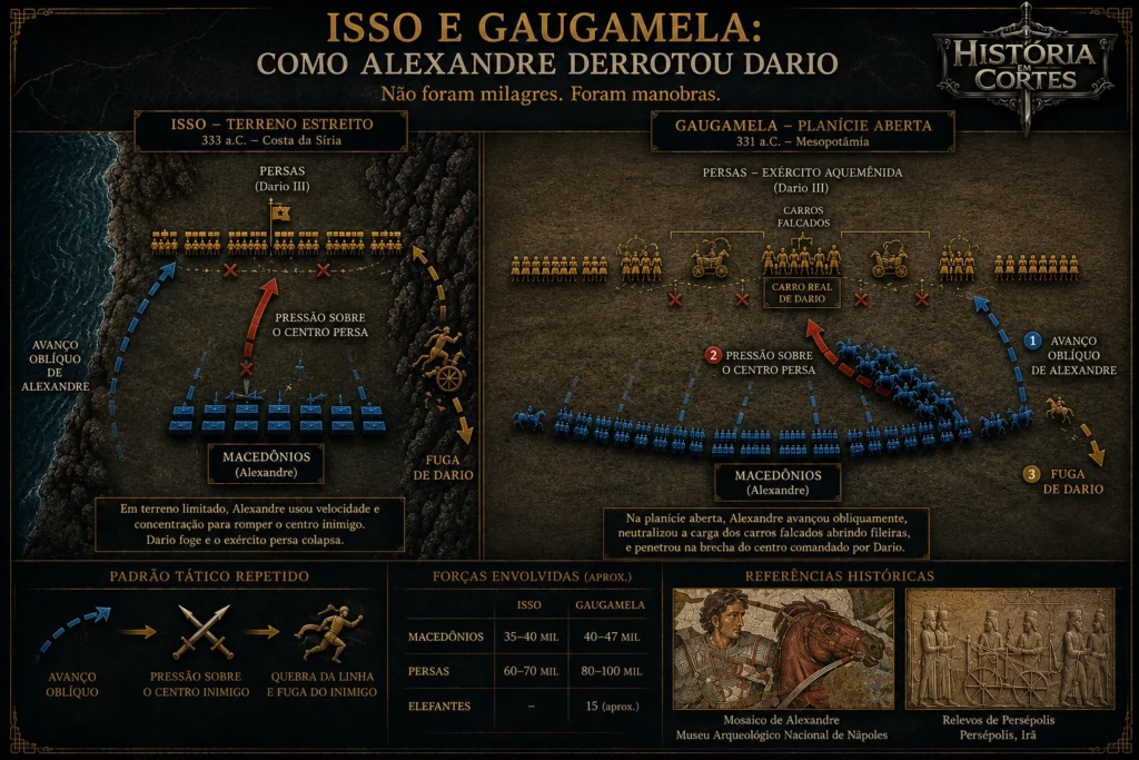 Infográfico comparando as batalhas de Isso e Gaugamela, mostrando as manobras táticas de Alexandre, o Grande, contra Dario III do Império Persa.