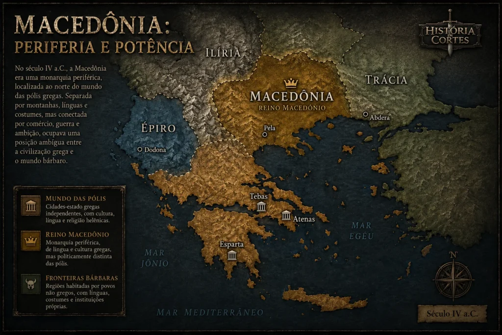 Mapa histórico da Macedônia no século IV a.C. mostrando sua posição entre o mundo das pólis gregas e as fronteiras bárbaras.