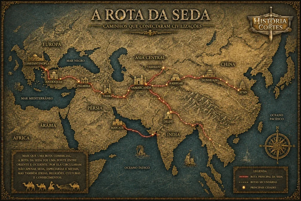 Mapa ilustrado da Rota da Seda mostrando os caminhos comerciais entre Europa, Ásia Central, Índia e China.