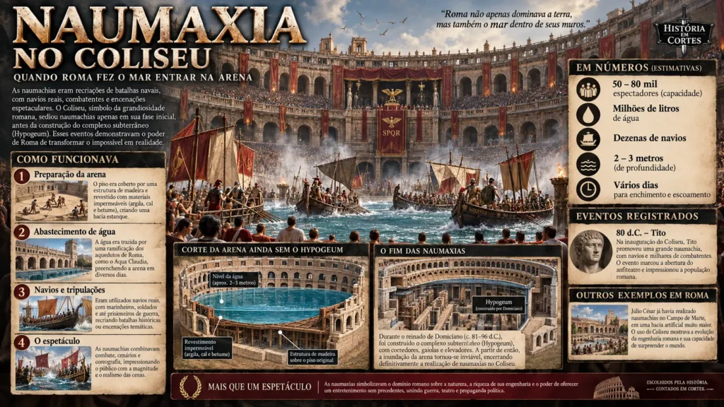 Reconstrução de uma naumaxia no Coliseu durante os primeiros anos do anfiteatro