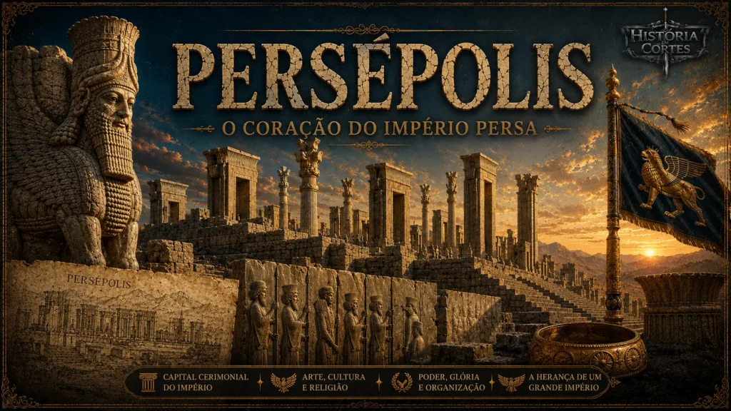 Reconstrução artística de Persépolis, capital cerimonial do Império Persa, com as ruínas do complexo palaciano, colunas monumentais e um lamassu persa ao pôr do sol.