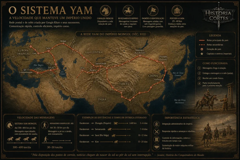 Mapa do sistema Yam conectando China, Ásia Central e Europa Oriental por rotas de mensageiros mongóis.
