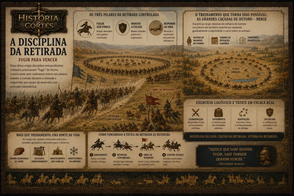 Infográfico mostrando a tática de retirada controlada dos mongóis e o treinamento militar realizado nas grandes caçadas coletivas chamadas nerge.
