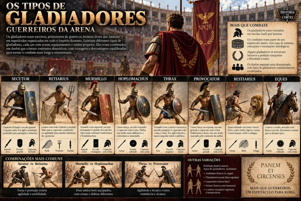 Infográfico sobre os tipos de gladiadores romanos, suas armas, equipamentos e estilos de combate