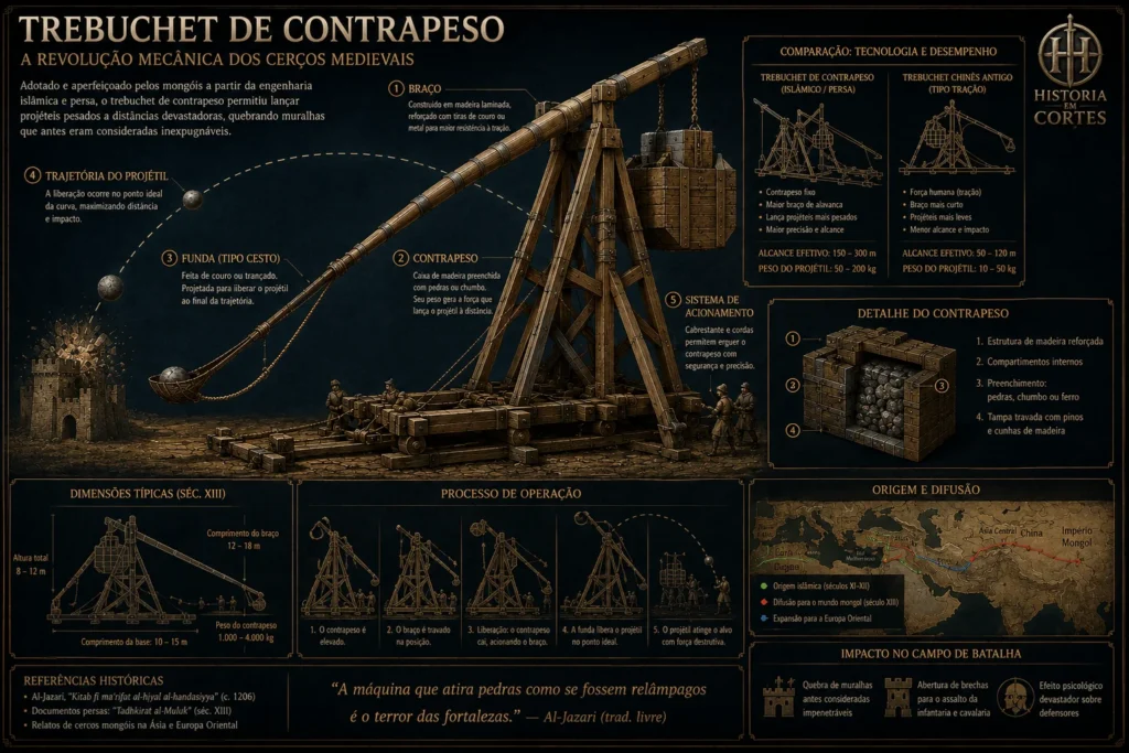 Diagrama técnico medieval mostrando um trebuchet de contrapeso usado em cercos mongóis.