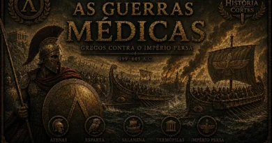 Capa histórica sobre as Guerras Médicas mostrando hoplita grego, trirremes gregas e persas e cenário de batalha entre Grécia e Império Persa.