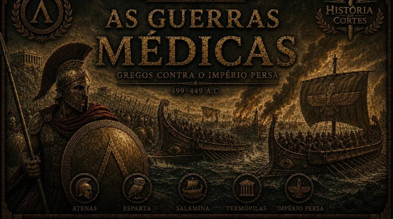 Capa histórica sobre as Guerras Médicas mostrando hoplita grego, trirremes gregas e persas e cenário de batalha entre Grécia e Império Persa.