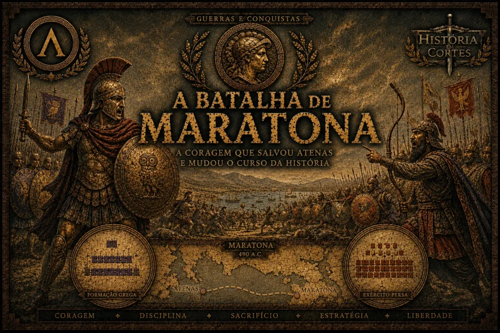 Ilustração cinematográfica da Batalha de Maratona em 490 a.C., mostrando hoplitas gregos enfrentando o exército persa em estilo épico documental.