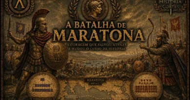 Ilustração cinematográfica da Batalha de Maratona em 490 a.C., mostrando hoplitas gregos enfrentando o exército persa em estilo épico documental.