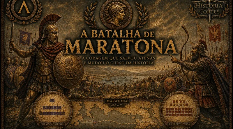 Ilustração cinematográfica da Batalha de Maratona em 490 a.C., mostrando hoplitas gregos enfrentando o exército persa em estilo épico documental.