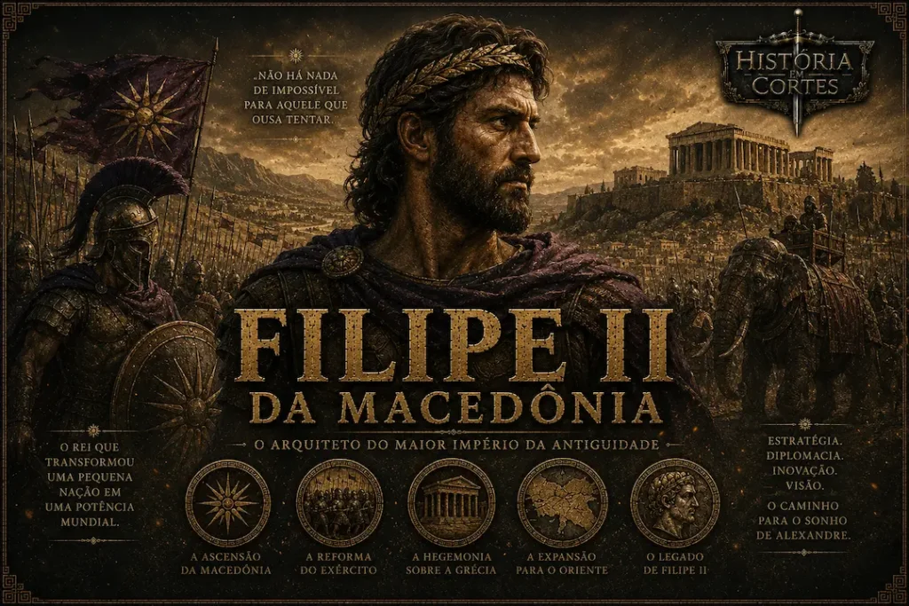 Ilustração histórica de Filipe II da Macedônia diante de seu exército, representando a ascensão macedônica, as reformas militares e a unificação da Grécia no século IV a.C.