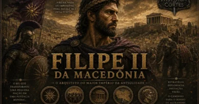 Ilustração histórica de Filipe II da Macedônia diante de seu exército, representando a ascensão macedônica, as reformas militares e a unificação da Grécia no século IV a.C.
