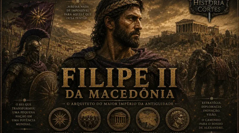 Ilustração histórica de Filipe II da Macedônia diante de seu exército, representando a ascensão macedônica, as reformas militares e a unificação da Grécia no século IV a.C.