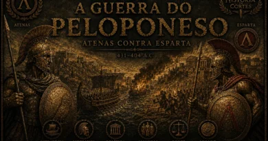 Capa histórica da Guerra do Peloponeso mostrando Atenas contra Esparta em uma batalha naval e terrestre da Grécia Antiga.