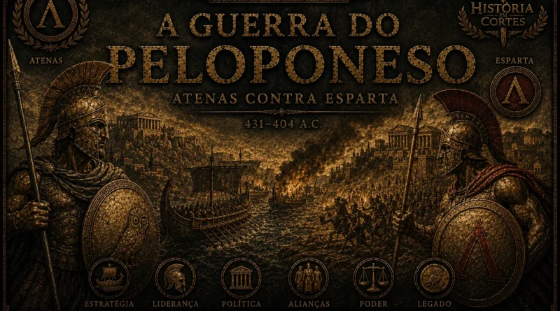 Capa histórica da Guerra do Peloponeso mostrando Atenas contra Esparta em uma batalha naval e terrestre da Grécia Antiga.