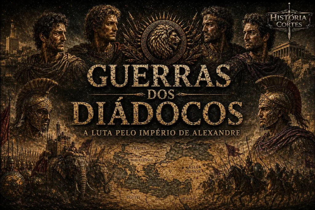 Representação artística das Guerras dos Diádocos, conflito travado entre os generais de Alexandre, o Grande, após sua morte, mostrando líderes helenísticos, exércitos macedônicos e a divisão do império.
