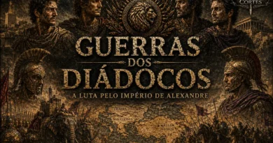 Representação artística das Guerras dos Diádocos, conflito travado entre os generais de Alexandre, o Grande, após sua morte, mostrando líderes helenísticos, exércitos macedônicos e a divisão do império.