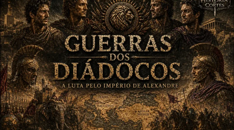 Representação artística das Guerras dos Diádocos, conflito travado entre os generais de Alexandre, o Grande, após sua morte, mostrando líderes helenísticos, exércitos macedônicos e a divisão do império.