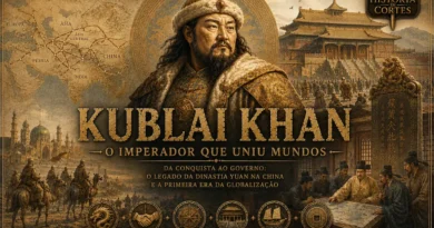 Capa histórica sobre Kublai Khan, com o imperador mongol ao centro, mapa da Ásia, palácio imperial chinês, cavaleiros mongóis e cenas de governo da Dinastia Yuan.