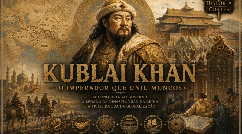 Capa histórica sobre Kublai Khan, com o imperador mongol ao centro, mapa da Ásia, palácio imperial chinês, cavaleiros mongóis e cenas de governo da Dinastia Yuan.