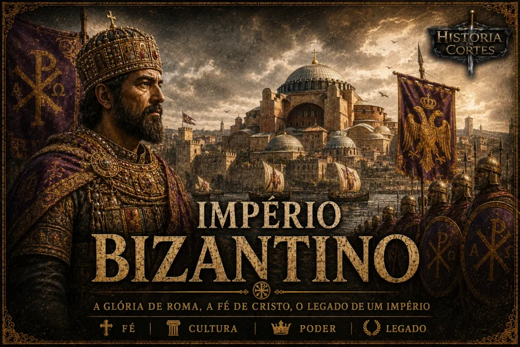 Ilustração do Império Bizantino com um imperador bizantino, a Basílica de Santa Sofia, soldados e Constantinopla ao fundo, representando o auge do Império Romano do Oriente.