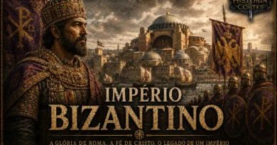 Ilustração do Império Bizantino com um imperador bizantino, a Basílica de Santa Sofia, soldados e Constantinopla ao fundo, representando o auge do Império Romano do Oriente.