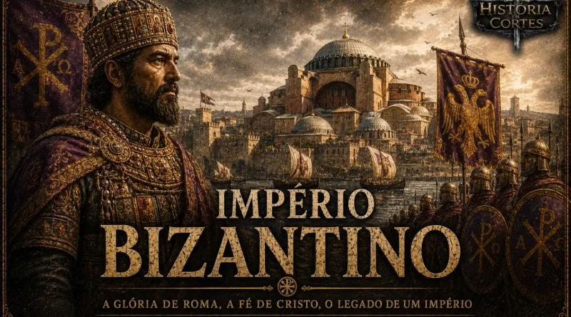 Ilustração do Império Bizantino com um imperador bizantino, a Basílica de Santa Sofia, soldados e Constantinopla ao fundo, representando o auge do Império Romano do Oriente.