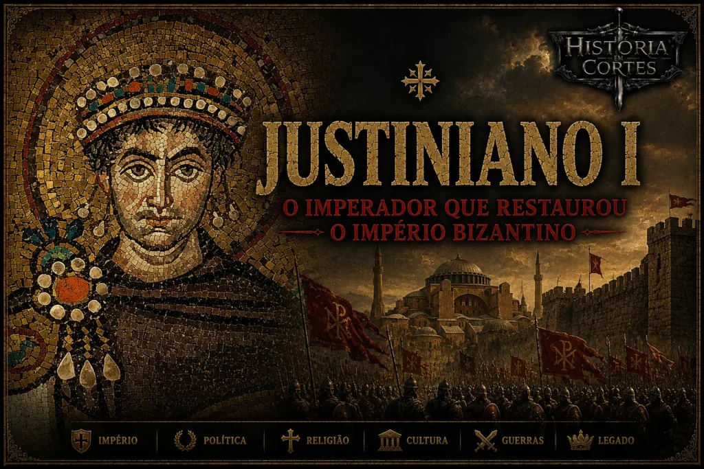 Justiniano I, imperador bizantino, representado em mosaico ao lado de Constantinopla e do exército bizantino