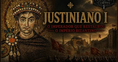 Justiniano I, imperador bizantino, representado em mosaico ao lado de Constantinopla e do exército bizantino