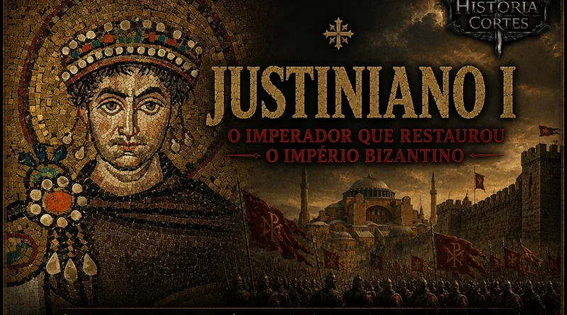 Justiniano I, imperador bizantino, representado em mosaico ao lado de Constantinopla e do exército bizantino